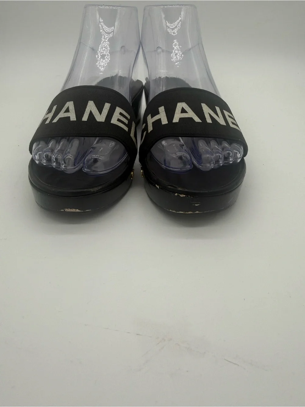 CHANEL Logo Band Platform Mules Clogs 37